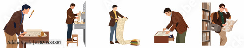 Foto Collection of flat illustrations showing a professional man studying, organizing, and researching old maps, scrolls, and documents in an archive or library setting