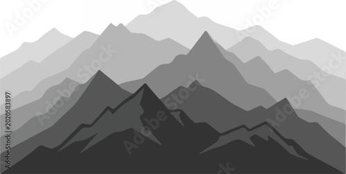 Abstract layered mountain range silhouette in grayscale vector illustration.
