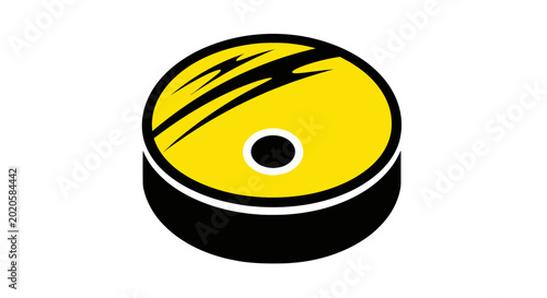 Photography Yellow hockey puck with lightning bolt graphic, isolated on white background