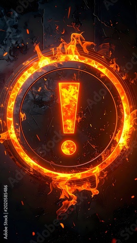Warning sign with fiery exclamation mark.