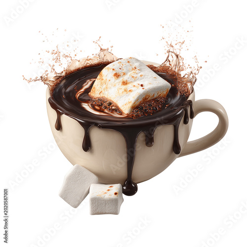 Hot chocolate drink with whipped cream and marshmallows splashing isolated transparent