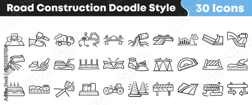 Hand drawn collection of various road construction and maintenance icons