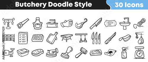 Foto Set of hand drawn butchery icons in a doodle style