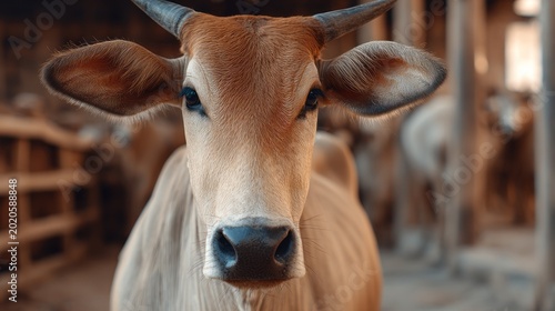 Calm kurban cow standing in peaceful rural pasture prepared for eid al-adha celebration, traditional sacrificial livestock in natural countryside landscape with green field and soft daylight
