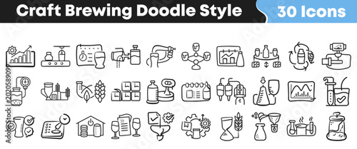 Foto Hand drawn collection of craft brewing icons in doodle style