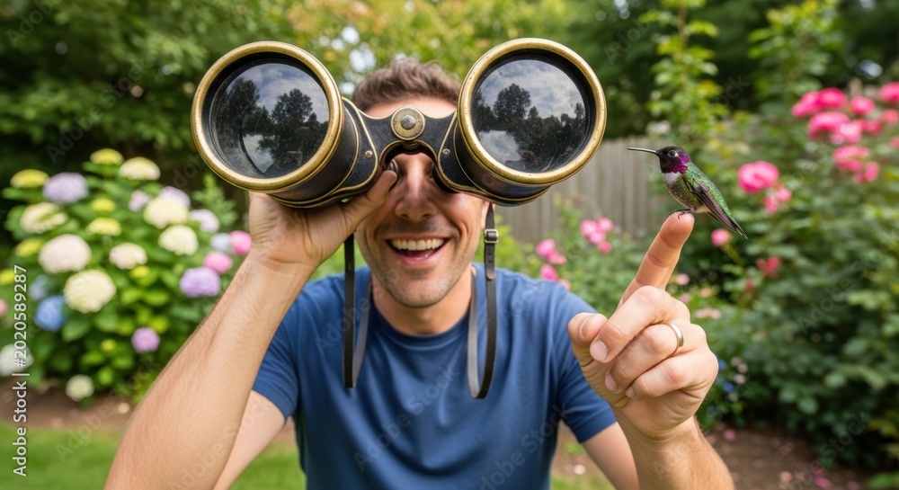 Naklejka premium Smiling man holding massive binoculars in a sunny hydrangea garden Surreal Silliness Wallpaper Background image