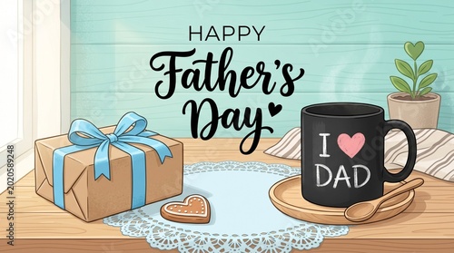 Happy father day greeting card with a gift box and a black coffee mug on a wooden table