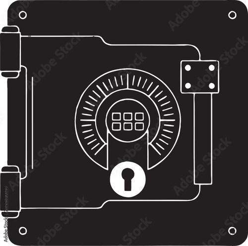 Illustration of a locked vault door with a combination dial and keyhole safe deposit black and white security treasure protection strongbox combination currency investment business