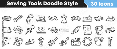 Foto Set of hand drawn sewing tools in a doodle style sketch