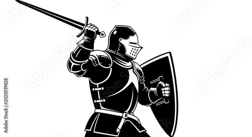 Schilderij op canvas Medieval Knight Warrior with Sword and Shield, Black and White Illustration