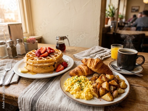 Billede på lærred A hearty breakfast spread on a rustic wooden cafe table, featuring waffles toppe