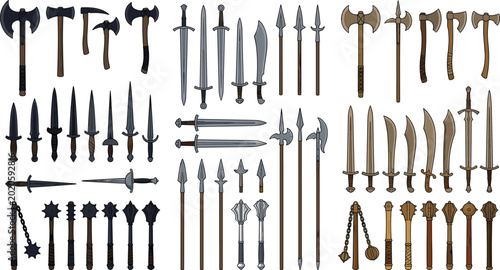 Tableau sur toile Medieval Fantasy Weapon Collection with Swords Axes Spears Maces and Ancient Bat