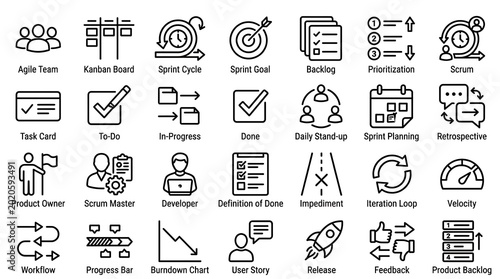 Software development icons illustrate essential agile processes and team roles using precise monochrome line strokes against a clean white backdrop.