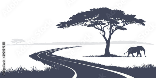 African safari landscape with winding road lone acacia tree elephant silhouette elephant landscape wildlife adventure savannah destination silhouette illustration peaceful