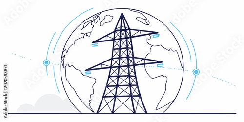 Fotografia Global energy transmission network with pylon and planet earth outline illustrat