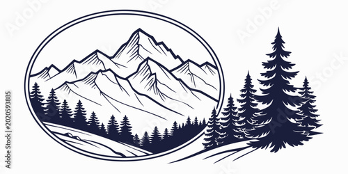Konstfotografi Detailed mountain landscape with pine trees in a circular frame and additional f