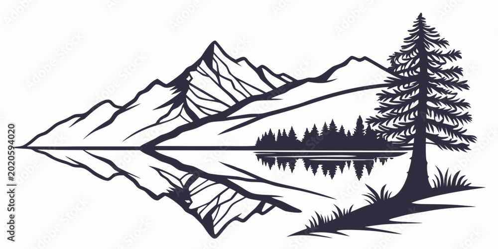 Ταπετσαρία Mountain range and pine forest reflected in a calm lake with a large evergreen t