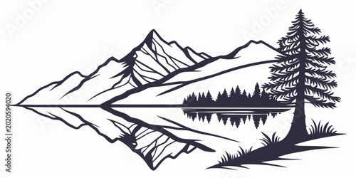 Foto Mountain range and pine forest reflected in a calm lake with a large evergreen t