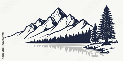 Photography Serene mountain landscape with pine trees and rippling lake reflection - stylize
