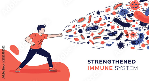 Strong young man punches away harmful viruses and bacteria to show a healthy and strengthened immune system during flu season.