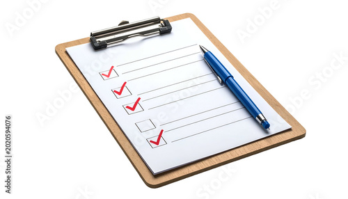 Clipboard with paper, checkboxes and a blue pen in a brightly lit space