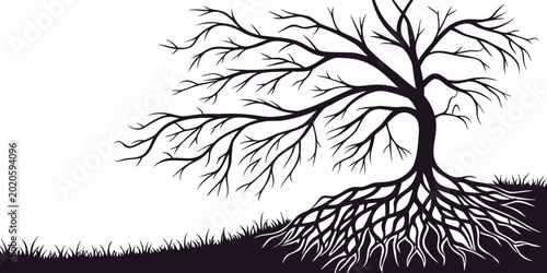 Cuadro en lienzo Detailed silhouette illustration of a bare winter tree with an intricate branch