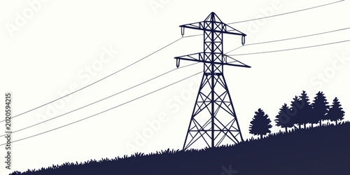 Silhouette illustration of a high voltage power line pylon on a grassy hill with a group of pine trees electricity silhouette industrial transmission electrical infrastructur