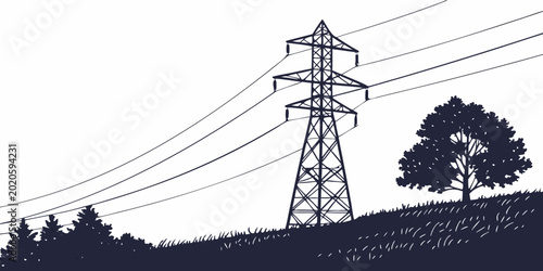 Black and white silhouette of high voltage transmission lines and an electricity pylon in a countryside landscape with trees electricity transmission silhouette industrial