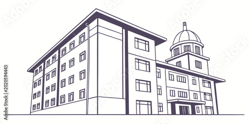 Minimalist line art illustration of a large classical university building with a dome and multiple on a clean white background real estate building architecture university
