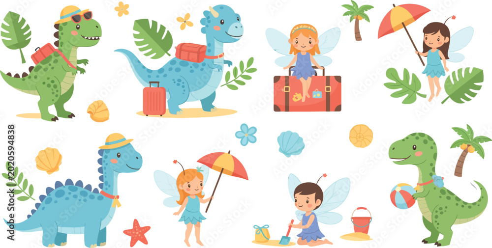 Naklejka premium Children playing with dinosaurs at the beach on a summer vacation day
