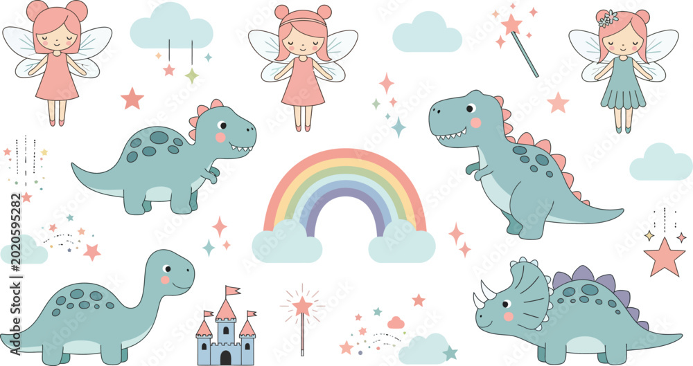 Obraz premium Colorful illustration of dinosaurs and whimsical elements including a rainbow and fairy tale castle