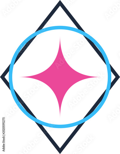 Minimalist geometric logo composition with pink four pointed star blue circle and black rhombus illustration