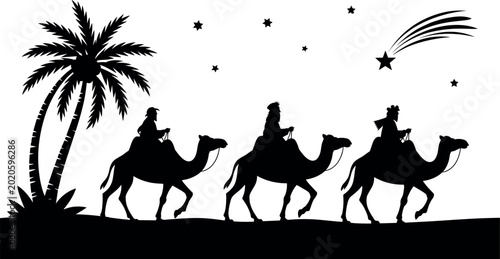 Fotografi Three Wise Men Riding Camels in Desert with Palm Tree and Shooting Star Silhouet