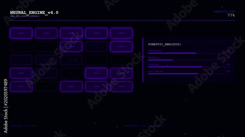 Neural Engine Purple Digital HUD Interface with Synaptic Analysis Artificial Intelligence and Deep Learning Analytics Dashboard.