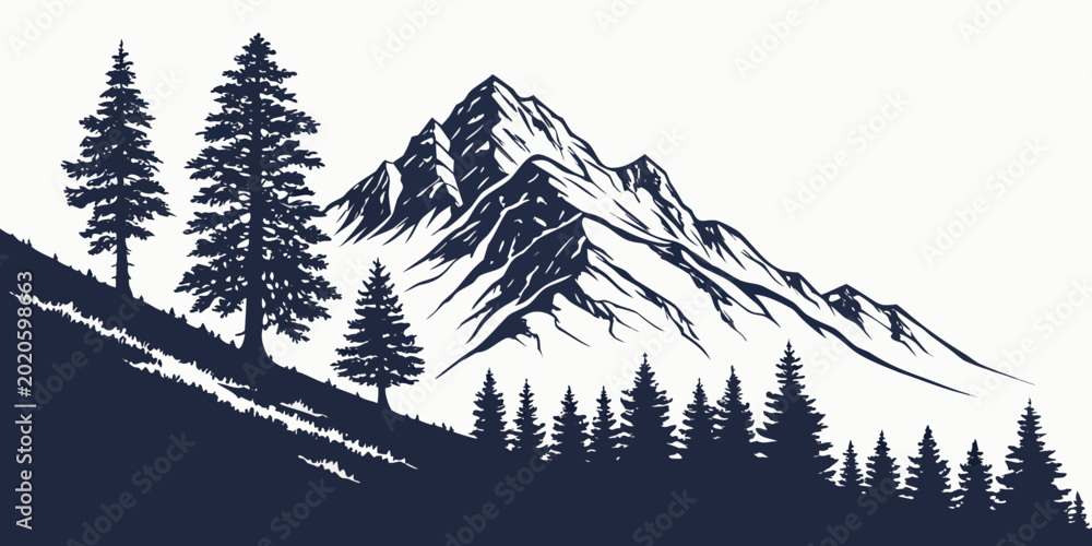 Ταπετσαρία Vector art of a towering mountain landscape with pine trees and hillside forest