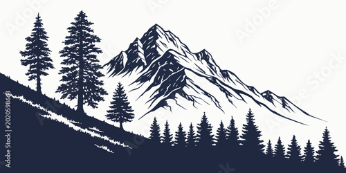 Fotografie Vector art of a towering mountain landscape with pine trees and hillside forest
