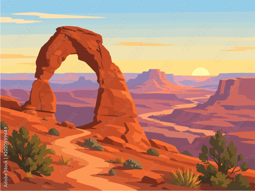 Ταπετσαρία Desert natural stone arch with canyon cliffs warm sunset sky and wilderness land