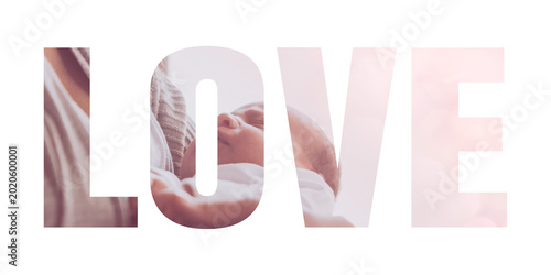 Fotografie Love png word sticker typography, mother holding baby, transparent background