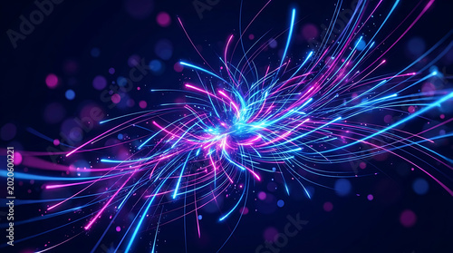 Abstract neon energy burst dynamic blue and pink light trails with particle effects for technology backgrounds