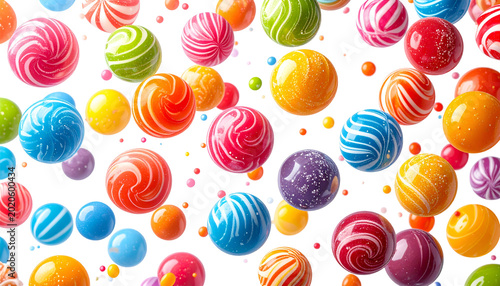 Floating assorted colorful striped hard candies on a black background