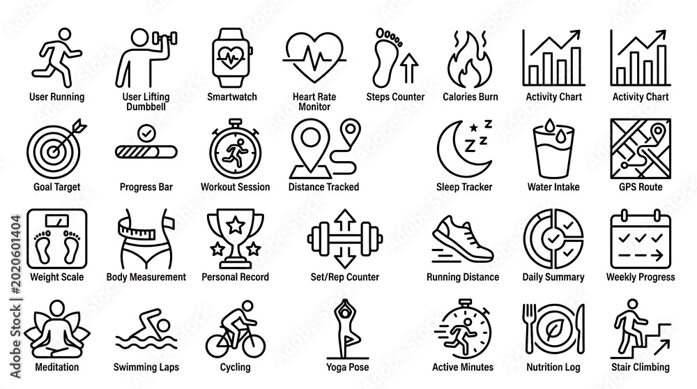Fototapeta premium Workout icons organized in a grid provide a comprehensive visual guide for personal training and fitness management software.
