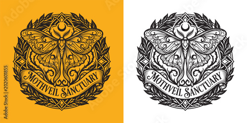 Canvastavla Mothveil Sanctuary Mandala Style Moth Illustration with Moon and Leaves
