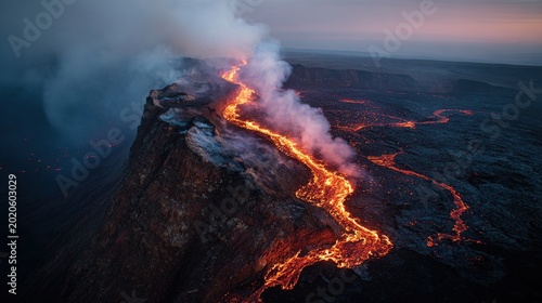 basaltic. Aerial view of a volcanic crater edge with glowing lava flow over black rock at golden hour. travel magazines, destination branding, designed for travel destination branding.