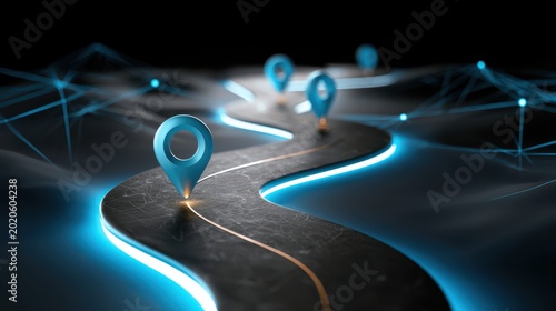 A futuristic, illuminated winding road with location pins highlighting key points, symbolizing navigation and digital mapping.