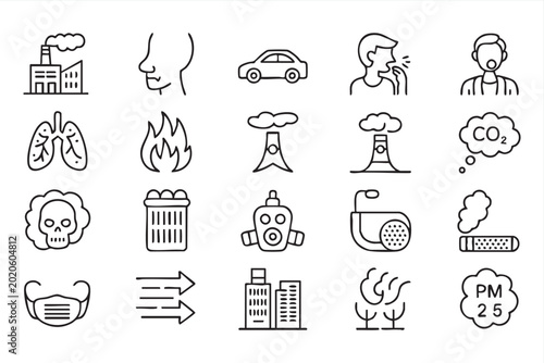 Bilde på lerret Black Line Icons Showing Smog, CO2, Factory Smoke and Respiratory Risk