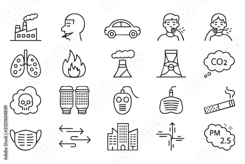 Bilde på lerret Clean Air Awareness Icon Pack With Mask, Lungs, Smoke and PM2
