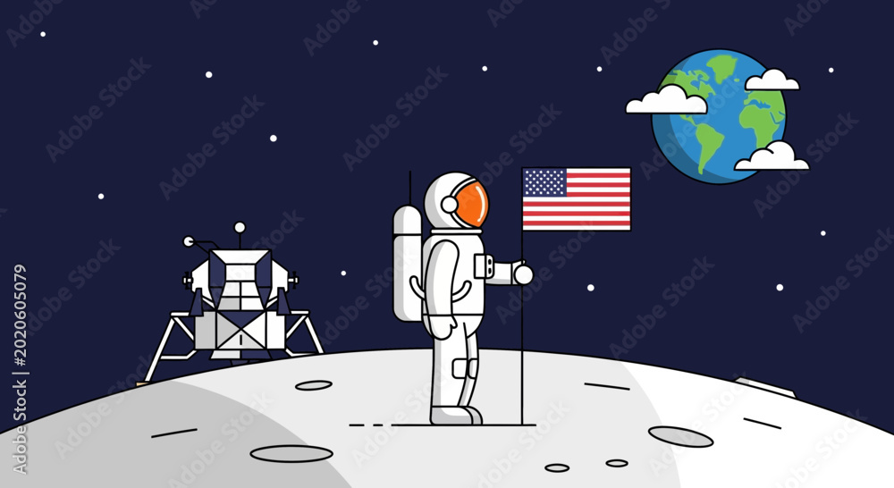 Φωτογραφία Astronaut Planting US Flag on Moon Surface, Earth in Background, Space Explorati