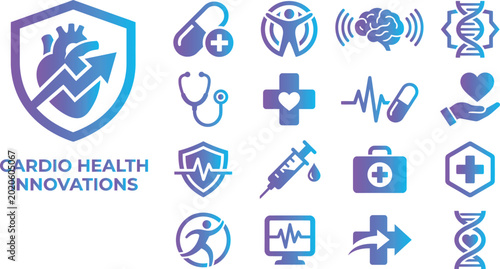 Cardio health innovations and medical symbols with blue purple gradient.