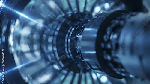 Futuristic high tech turbine engine rotating with blue lens flares
