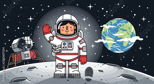 Fotografía Astronaut Waving Hello on Moon Surface with Earth and Lunar Module